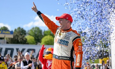 McLaughlin and the No. 3 Chevy team celebrates their win at Barber Motorsports Park.
